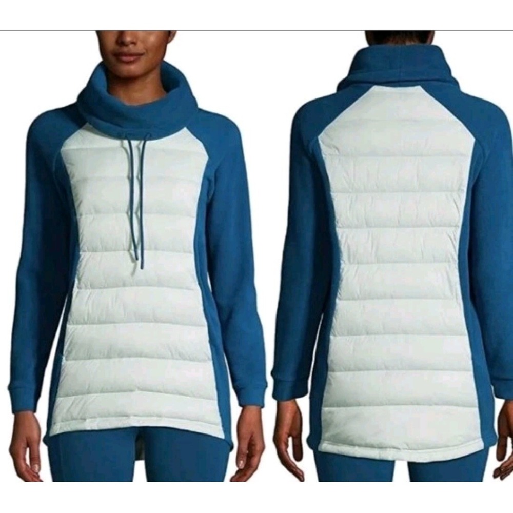 Lands' End Fleece Puffer‎ Pullover Funnel Neck Long Sleeve Blue Teal Large